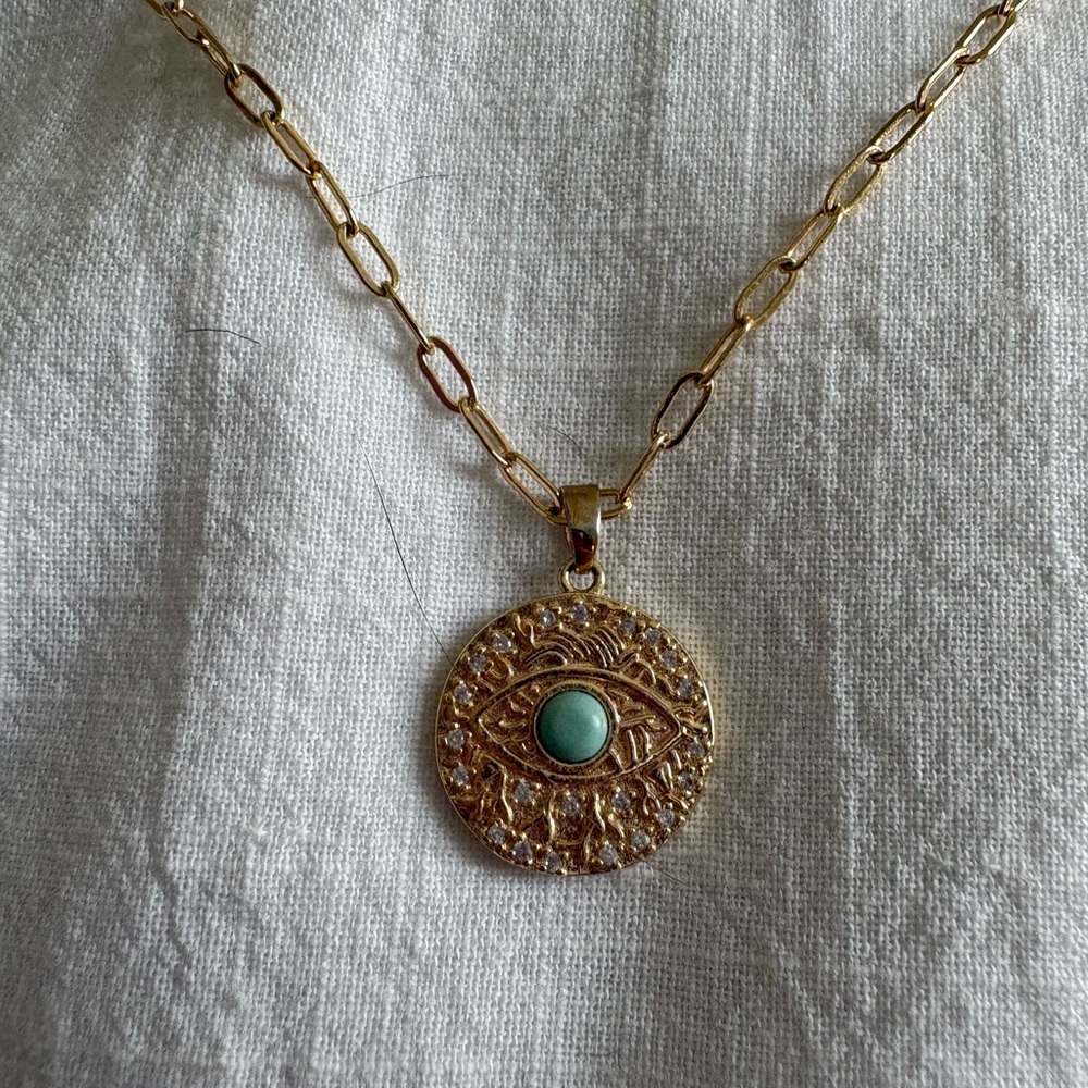 18k Gold Plated Round Evil Eye Pendant Necklace with Turquoise Stone